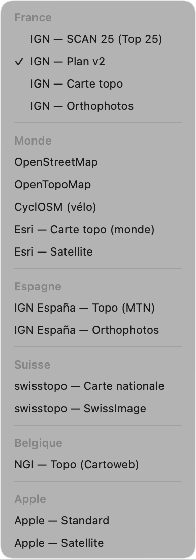 Menu de sélection du fond de carte, groupé par région