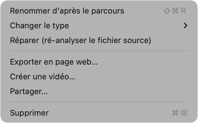 Menu Activité avec Exporter en page web, Créer une vidéo, Partager