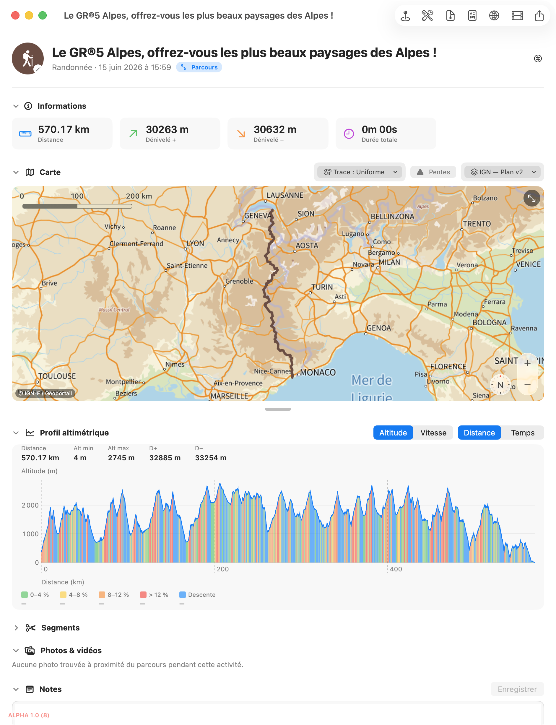 Un parcours importé (GR5) avec le badge Parcours, carte et profil