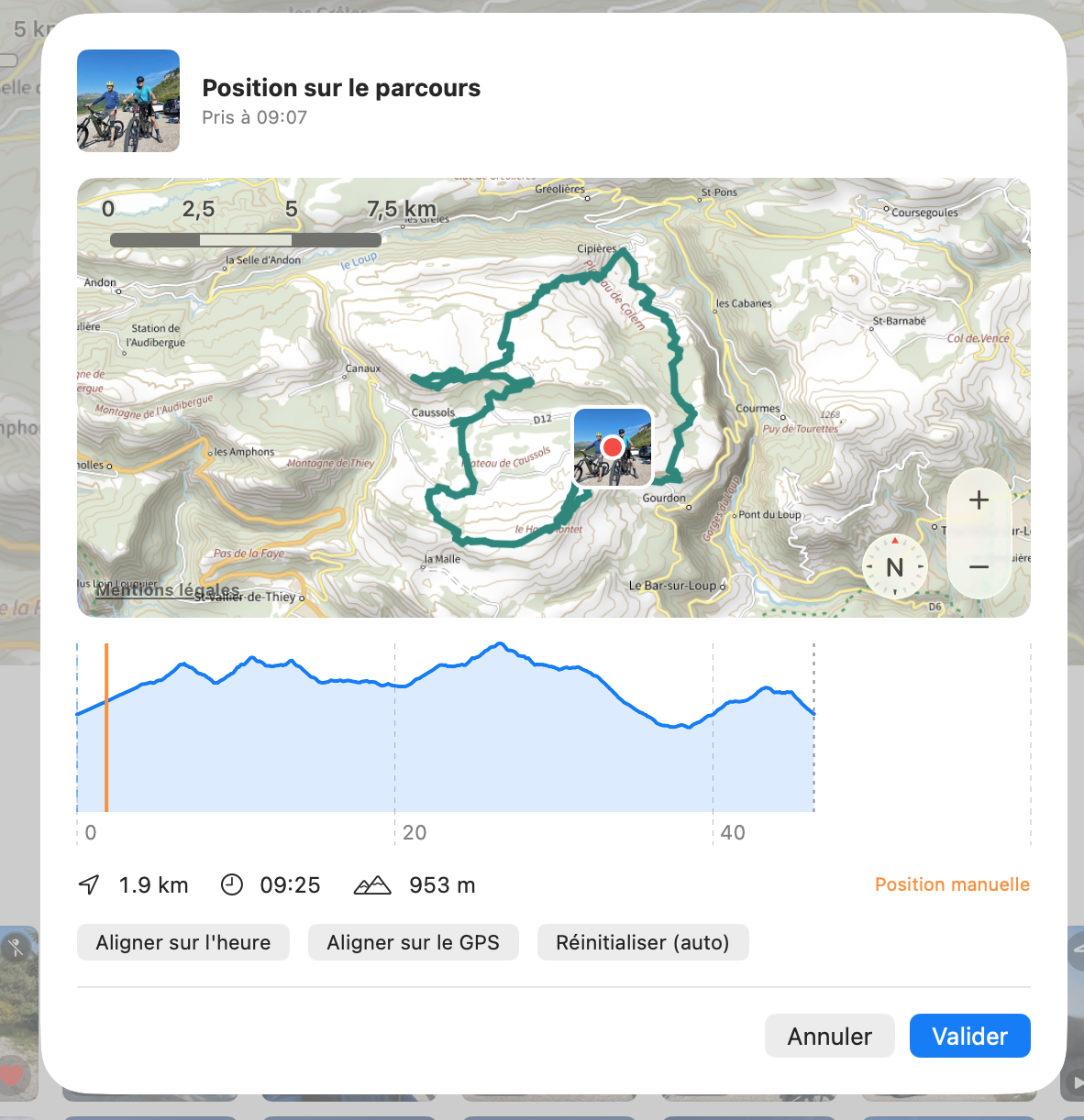 Fenêtre « Position sur le parcours » : carte, profil et boutons d'alignement