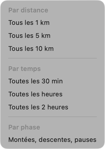 Menu Découper : par distance, par temps, par phase