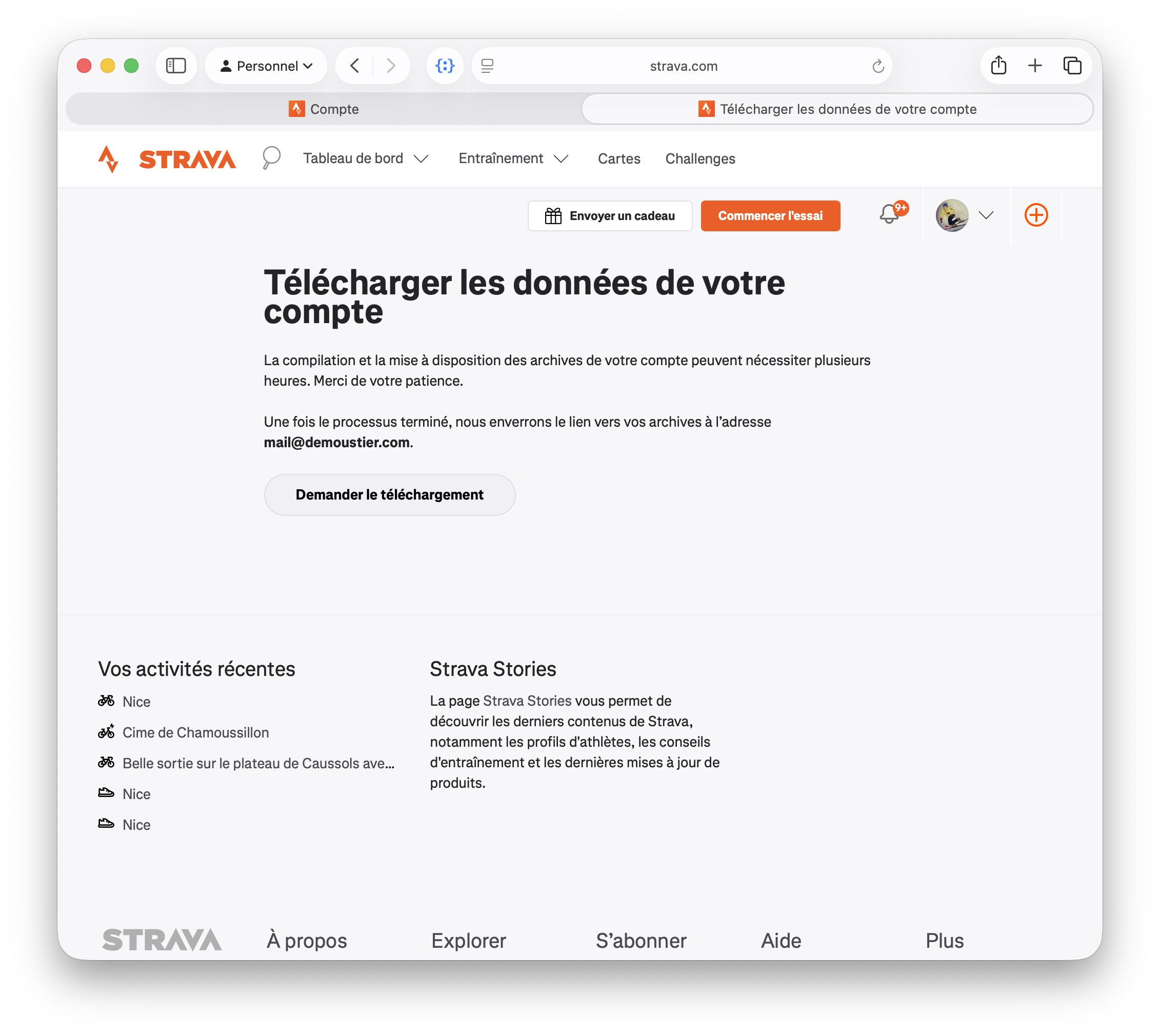 Page Télécharger les données de votre compte, bouton Demander le téléchargement